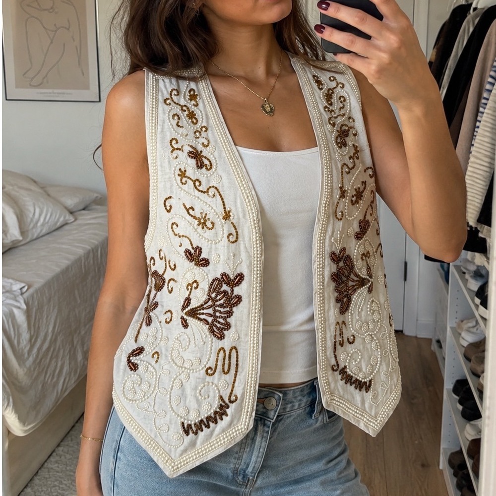 Y2k Beaded Linen Blend Vest Large Boho Indie Sleaze Cream hippie festival